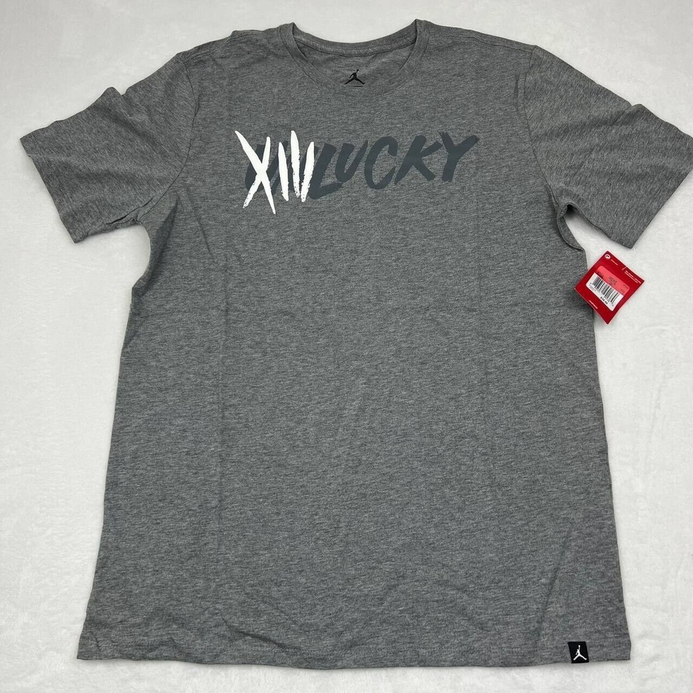 Air Jordan 13 XIII Unlucky Shirt Men Large Cool Gray‎ Jumpman Short Sleeve New L
